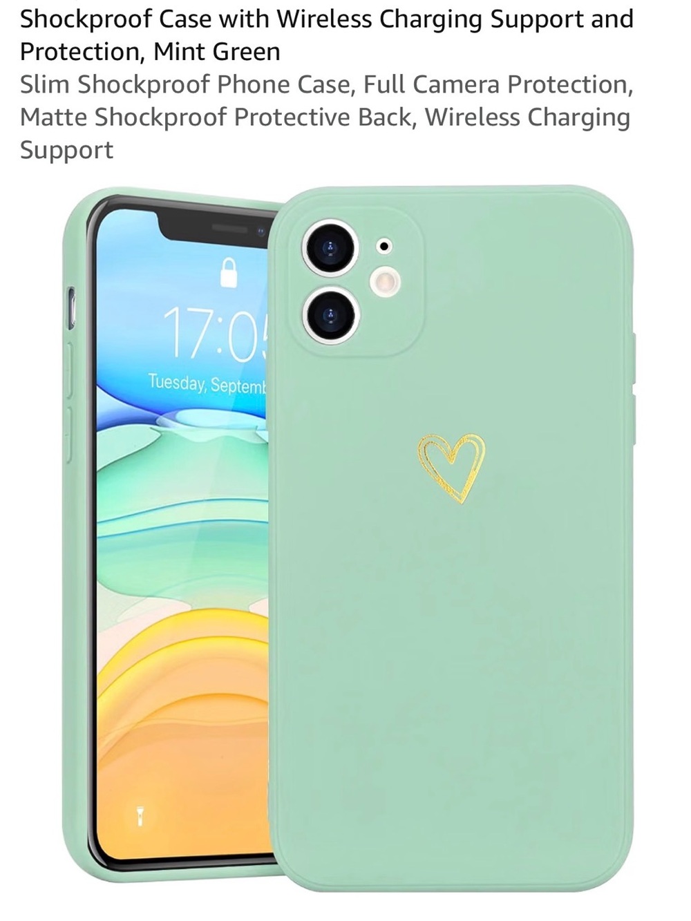 Amazon Mint Green Shockproof Phone Case with Gold Heart Accent